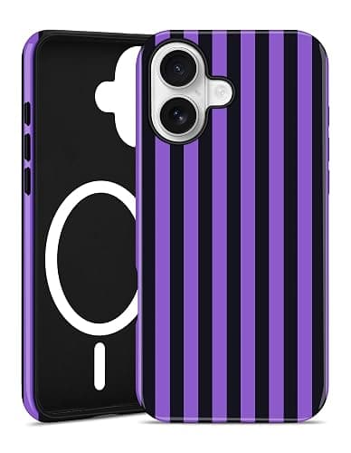 Aitipy Magnetic Striped Phone Case for iPhone 16 Plus, Black Purple | Compatible with MagSafe, Cute Stripes Aesthetic Design, TPU and PC Protective Shockproof Cover for Women Girls - Image 1