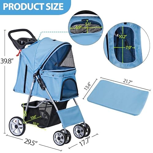 ZENY Foldable Pet Stroller, Cat/Dog Stroller with 4 Wheel, Pet Travel Carrier Strolling Cart with Storage Basket, Cup Holder (Blue) thumbnail 3
