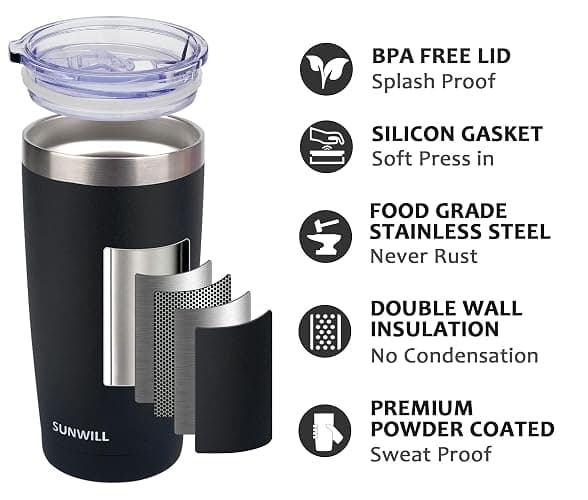 SUNWILL Travel Coffee Tumbler 20 oz, Insulated Mug with Lid, Stainless Steel Cup for Outdoor, Powder Coated Black thumbnail 4