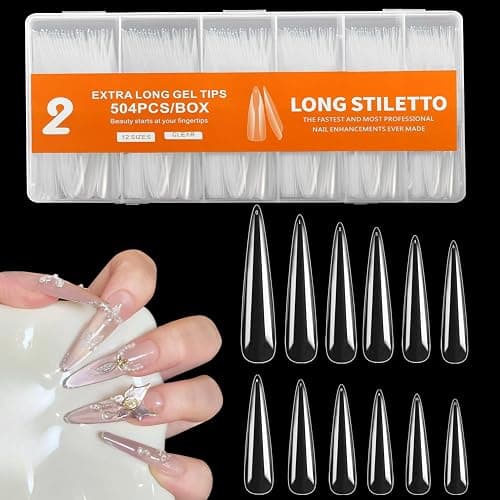 Extra Long Stiletto Nail Tips, 504PCS XXXL Fake Acrylic Nails, Clear Full Cover No C Curve Stiletto Nails Tips for Acrylic Nails Professional, Flattened Press On Nails 12 Sizes - Image 1