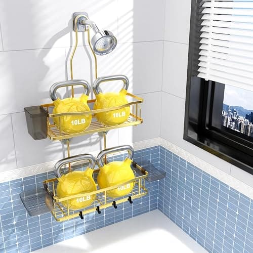 Aitatty Hanging Shower Caddy Bathroom Organizer: Rustproof Shower Shelf Racks Over Shower Head - No Drilling Inside Bath Shower Rack Shelves Over Showerhead for Shampoo with Soap Holder Gold - Gold thumbnail 5