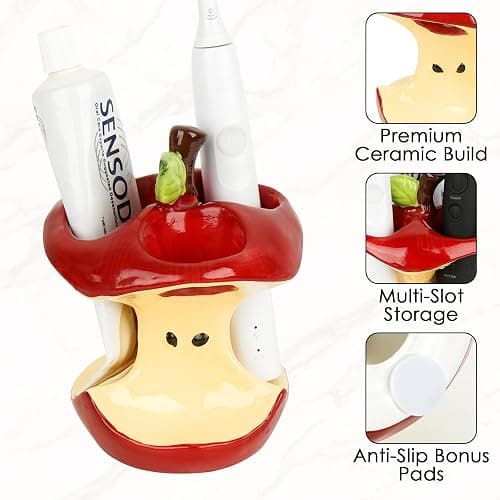 DODAMOUR Ceramic Apple Toothbrush Holder, 3 Slot Bathroom Organizer, Cute Apple Core Design Countertop Accessory, Glazed Vanity Stand Fits Slim Electric Brushes (Red) thumbnail 4