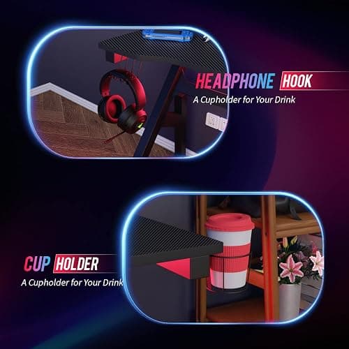 BestOffice | 47" Gaming Desk | Red | Carbon Fiber Textured Computer Desk | Sturdy Steel Frame, Cup Holder, Headphone Hook, Cable Management Holes, Adjustable Leg Pads | for Gamers, Home, Office thumbnail 5