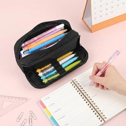 Della Gao Large Pencil Case, Big Capacity Pencil Pouch with 2 Compartments, Office Pencil Bag with Zipper, Big Pen Case for Adults (01-Black) thumbnail 2