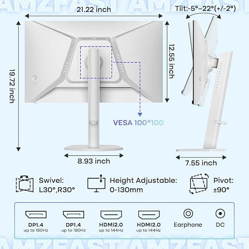 Amzfast 24 Inch Gaming Monitor 180Hz QHD 2k 2560 ×1440p Monitor, 1ms Adaptive Sync, 96% DCI-P3, Built-in Speakers, Height Adjustable, VESA Mount, IPS Monitor with HDMI 2.0 x 2 & DP 1.4 x 2, AMZG24F6Q thumbnail 9