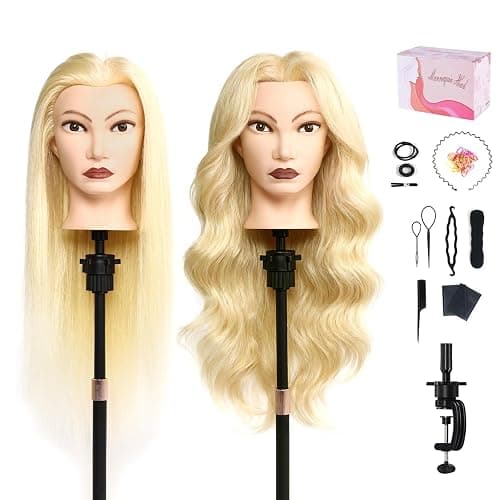 MYSWEETY Mannequin Head Human Hair, 26" Cosmetology Mannequin Head with 80% Human Hair, Doll Head for Hair Styling with Clamp Holder and Tools (White) - Image 1
