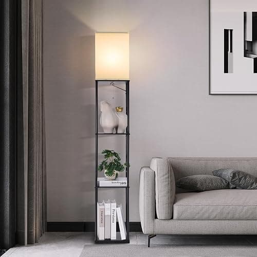 Gupuzm Floor Lamp with Shelves, Modern Square Standing Lamp with 3 Color Temperature Bulb, Corner Display Bookshelf Lamp for Living Room, Bedroom and Office (Black) thumbnail 7