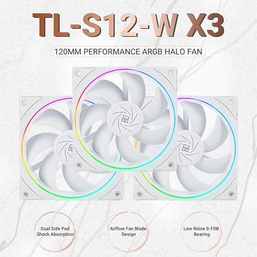 Thermalright TL-S12W CPU Fan Case Cooler PWM Fan, fine Aperture Light Effect,4pin PWM Connector Computer Fan with ARGB Aperture, 1500RPM Speed PC Cooling Fan(120mm,3 Fans) thumbnail 2