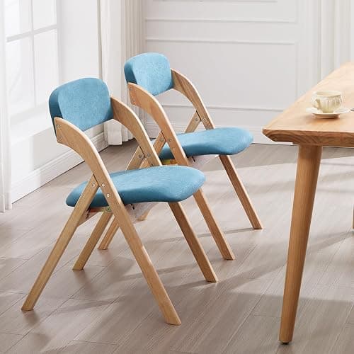 YUUIJOAA 4-Pack Folding Chairs with Cushion, Linen Padded Foldable Dining Chairs, Portable Raw Wooden Folding Chairs for Dining Rooms Parties Offices Indoor Outdoor Blue thumbnail 2