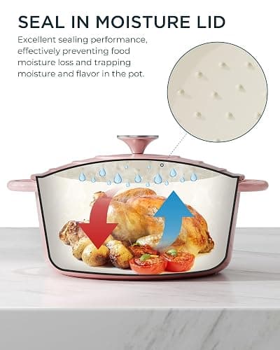 Enameled Cast Iron Dutch Oven - 6QT Dutch Oven Pot with Lid & Cotton Potholders - Heavy-Duty Non Stick Casserole Pot for Braising, Stews, Roasting, Baking, Suitable for All Stovetops, Gentle Pink thumbnail 4