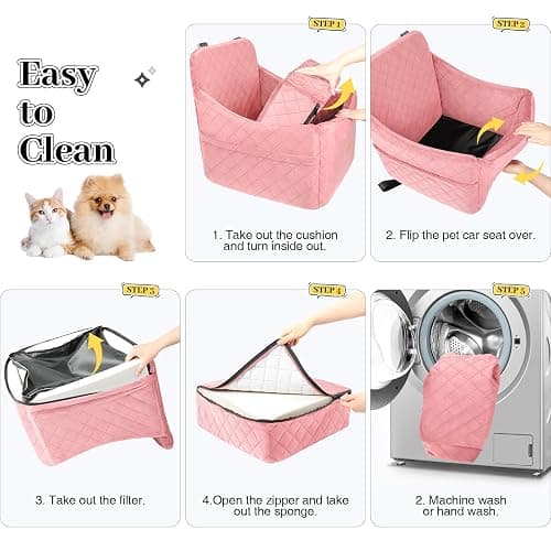 INDYBUD Dog Car Seats for Small Medium Dogs, Portable Detachable Washable Puppy Car Seat for Dog Up to 35lbs, Pet Booster Seat with Storage Pockets and Safety Belt (Pink, Medium) thumbnail 4