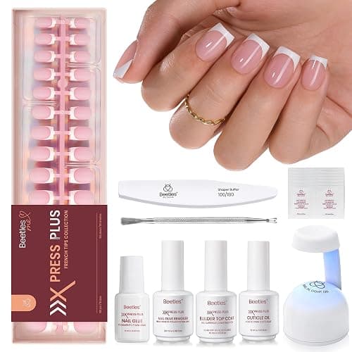Beetles X Press Plus On Nails Kit-Short Square French Tip Press On Nails Kit with 150Pcs Pink French Nail Tips Nail Glue & Remover Builder Top Coat Nail Lamp,All-in-One DIY Fake Nails Gift for Women - Image 1