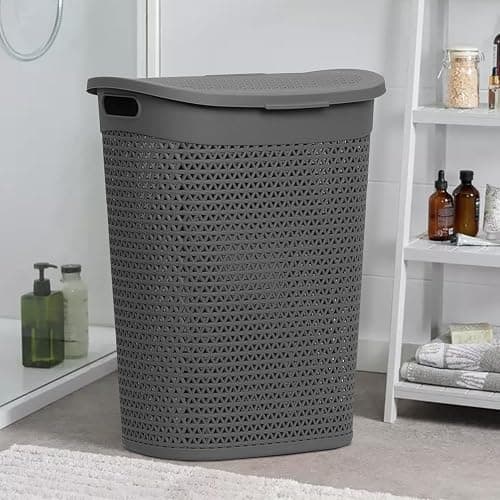 60L Laundry Basket with Lid - Large Plastic Washing Basket with Handles - Heavy-Duty Rattan Laundry Bin Hamper Clothes Storage Organiser for Bedroom & Bathroom - Grey, 60 Litre thumbnail 4