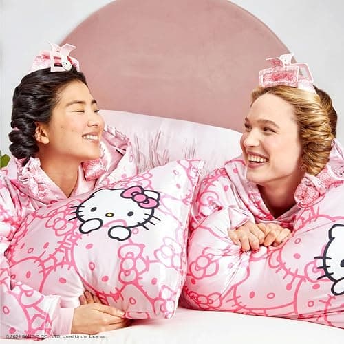 Kitsch Hello Kitty Satin Pillowcase, Softer Than Silk for Hair & Skin, Machine Washable, Wrinkle-Free, Standard Size, and Satin Scrunchies No Damage Hair Ties Pink Kitty Faces, 2 Piece Set - Pink Kitty Faces thumbnail 2