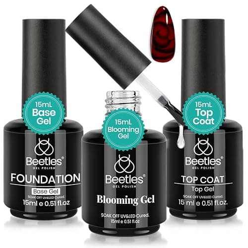 Beetles Blooming Gel & Base Top Coat Set, 3PCS 15ML Shine Finish Long Lasting No Wipe Top Coat Gel Nail Polish Base Spreading Marble Effect Soak off UV LED Nail Art Gifts for Women - Image 1