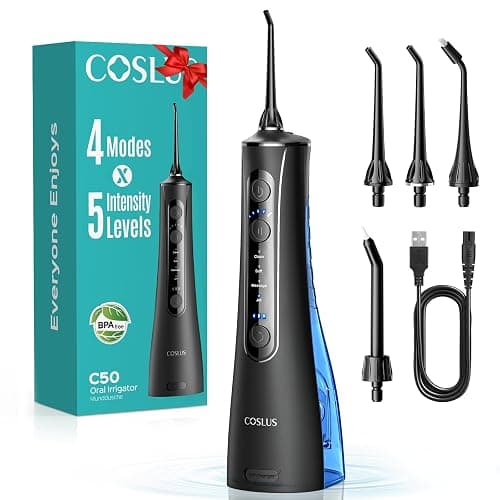 COSLUS C50 Water Flosser for Teeth Cordless: 4 Modes & 20 Levels - Portable Irrigador Dental for Health - Conscious Sensitive Users Gums - Travel Home Use with 4 Jet Tips - Image 1