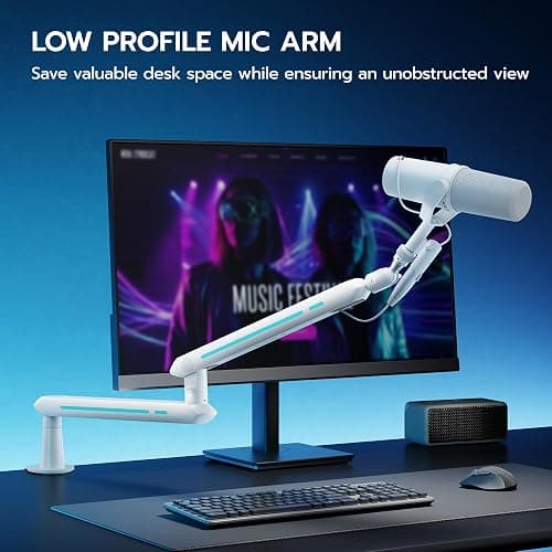 ARES WING Aluminum Low Profile Mic Arm with 4.4 lbs Load Capacity, Adjustable Microphone Boom Arm with 3/8” to 5/8” Screw Adapter, Desk Mount Mic Stand for Gaming Streaming Podcasting, White thumbnail 2