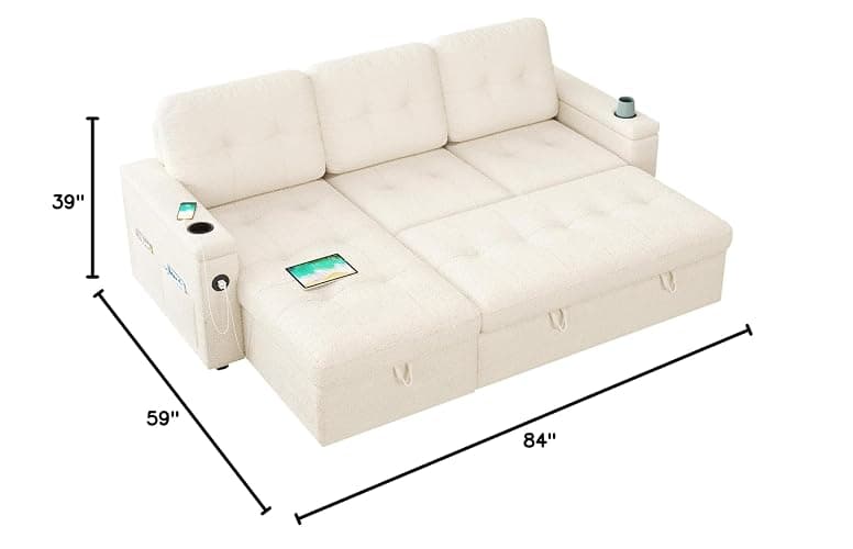 PaPaJet 84 Inch Sofa Bed, Sleeper Sofa with Storage, 2 in 1 Pull Out Couch | Storage Chaise, 2 USB & Cup Holders, Tufted Cushion, Boucle White L Shaped Sofa for Living Room & Guest Bedroom thumbnail 2