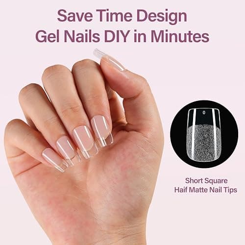 Misssix Short Square Gel Nail Tips Kit, 216Pcs Pre Etched Clear Nail Tips | Full Cover False Nail 9-in-1 Gel Glue and Portable Mini U V Nail Lamp for Women 12 Sizes thumbnail 2