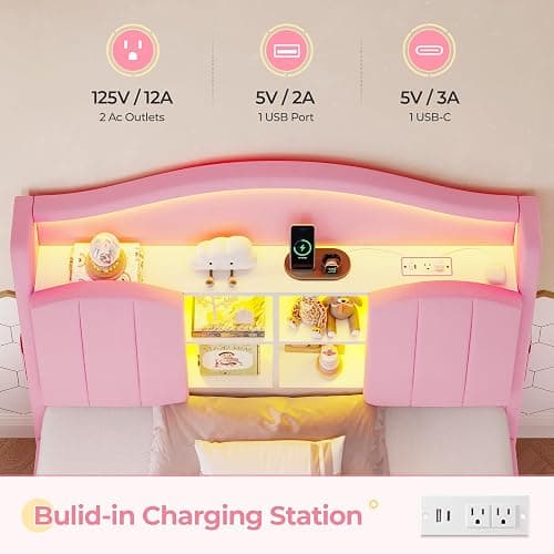 BTHFST Twin Girl Bed with LED Lights & Charging Station, Upholstered Storage Headboard Platform Twin Size Princess Bed Frame, No Box Spring Needed/Noise-Free/Easy Assembly, Pink thumbnail 6