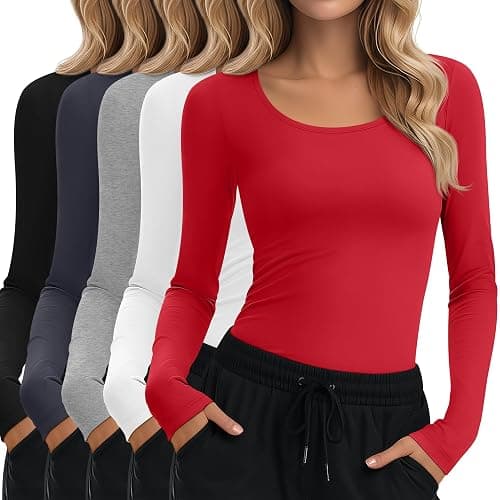 Oakgarden 5 Pack Underscrub for Women Long Sleeve Shirts Fitted Scoop Neck Tops Basic Layering Tee Knit Tops for Nurse - Image 1
