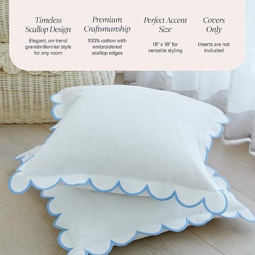 BEBE BASK Scalloped Pillow Cover - Set of 2-18 x 18 Inch - Scallop Pillow Cover – White and Blue Scalloped Pillows - Scallop Pillows - 100% Cotton - Grandmillennial Style (White/Blue) thumbnail 3