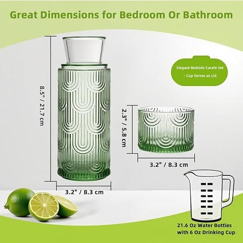 TANMESSO Mouthwash Dispenser, Bedside Water Carafe with Cup And Glass Set, Mouth Wash Dispensers for Bathroom, 21.6 Oz Glass Mouthwash Container with 6 Oz Drinking Cup As Lid (Green) thumbnail 3