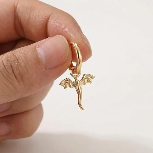 Gold Tiny Dragon Huggie Small Hoop Earrings with Charm, Personalized Animal Drop Dangle Jewelry for Women, Minimalist Gothic Punk Style Accessory and Birthday Present thumbnail 3