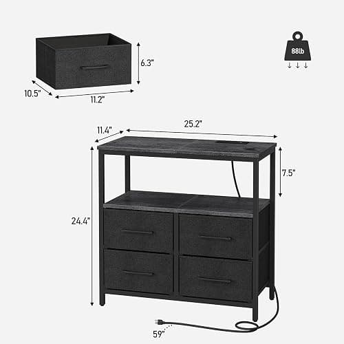 TUTOTAK Large Night Stand with Charging Station, Nightstand with USB and Type-C Port, Bedside Table with Cloth Drawers, End Table for Livingroom, Bedroom, Charcoal Grey TB01BY081 thumbnail 3