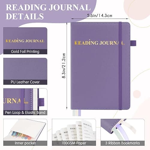 AKONEGE Reading Journal for Book Tracking - PU Leather Book Journal Reading Log with 80 Reviews for Readers, Accessories with Sticky Tabs, Pen Holder, Ribbon Bookmarks, 5.6" x 8.3", Purple thumbnail 3
