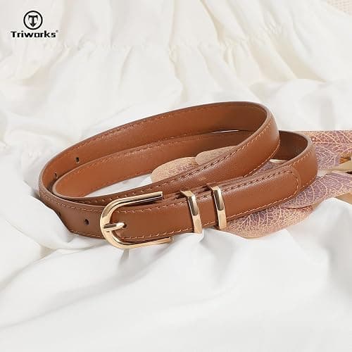 2 Pack Women Skinny Leather Belts for Jeans Pants Thin Faux Leather Belt with Gold Buckle thumbnail 6