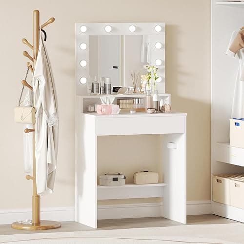 LOKO Vanity Desk with Mirror & Lights, White Dressing Table with 3 Lighting Modes & Adjustable Brightness, Open Shelves & Large Drawer, Built-in Charging Station, Compact Makeup Vanity for Small Space - Image 1