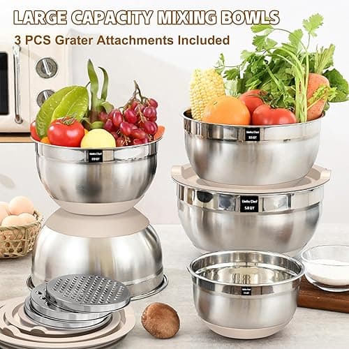 Umite Chef Mixing Bowls with Airtight Lids Set, 8PCS Stainless Steel Khaki Nesting Bowls with Grater Attachments, Kitchen Bowls with Non-Slip Bottoms, Size 5, 4, 3.5, 2, 1.5QT for Mixing & Serving thumbnail 2