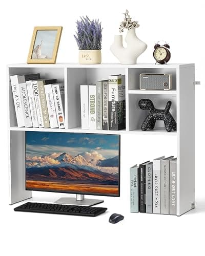 VEVOR Desktop Bookshelf, Storage Organizer with 5 Shelves for Computer Desk, Wooden Shelf Desk Hutch with Anti-Slip Feet Pads, Desk Top Display Rack for Office, Home & Dorm, White - Image 1