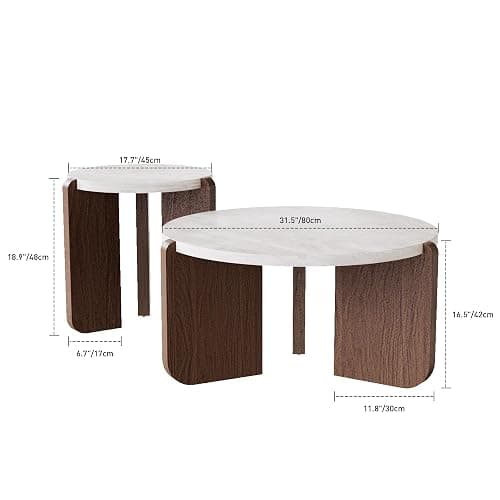 COSIEST Modern Round Coffee Table & Side Table Set, Faux Marble Wood Top, Walnut & Cream White Legs, Minimalist Living Room Center & Accent Table(2 PCS) thumbnail 2