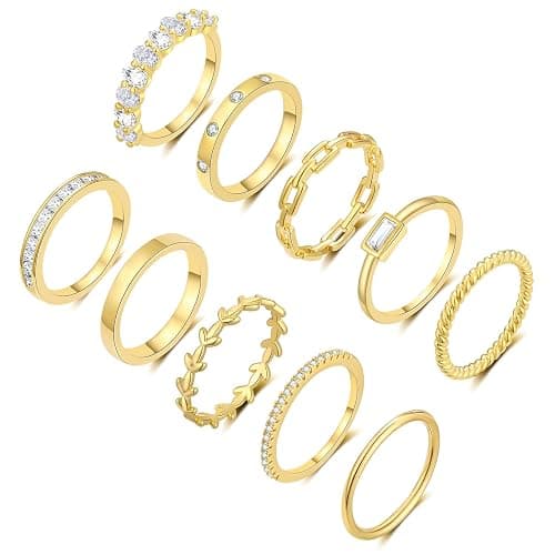 RLMOON 8-12PCS 14K Gold Stacking Ring Set for Women Dainty Thumb Stackable Rings Gold Heart CZ Non Tarnish Rings Plain Band Size 4-11 - Image 1