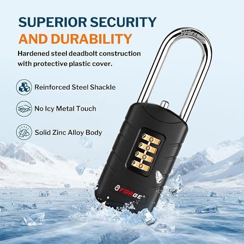 Forge 4-Digit Combination Padlock with Backup Keys, Recover Forgotten Code, Waterproof Outdoor Lock, Anti-Pick, for Locker, Gate, Fence, Hasp, Storage. (Black, Long Shackle 1 Lock) thumbnail 6