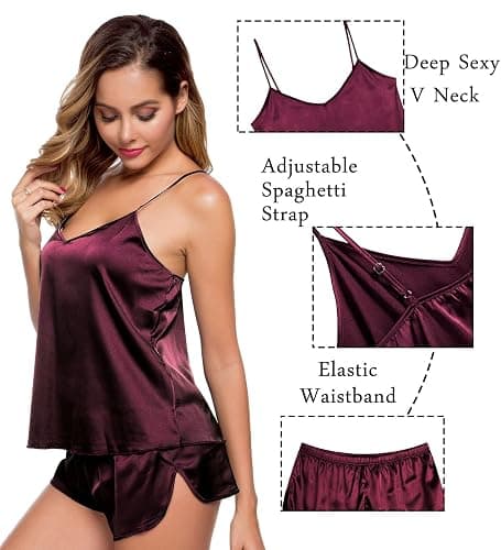 SWOMOG Womens Silk Satin Pajamas Sets 4pcs Sleepwear Sexy Cami Shorts Set and Button Down Short Sleeve Pjs Loungewear thumbnail 3