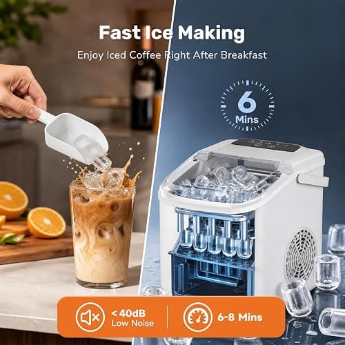 Sweetcrispy Countertop Ice Maker with Scoop, Basket and Handle, Portable Ice Machine 9 Cubes Ready in 6 Mins, 26.5lbs in 24Hrs, 2 Sizes for Home Kitchen Office Bar Party thumbnail 5