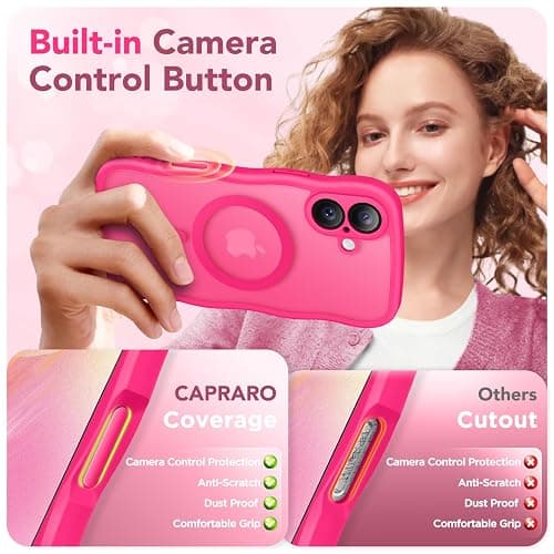CAPRARO for iPhone 16 Case for Women Girls, Upgraded [Full Camera Protection] [Compatible with MagSafe] Cute Wave Translucent Matte Phone Case for iPhone 16, Hot Pink - A2-Hot Pink - For iPhone 16 6.1 inch thumbnail 5