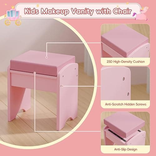 MU Kids Vanity Table and Chair Set – Princess Girls Vanity Set with Mirror, Lights, Jewelry Storage, and Cushioned Stool, Toddler Makeup Vanity for Little Girls (Pink) thumbnail 8