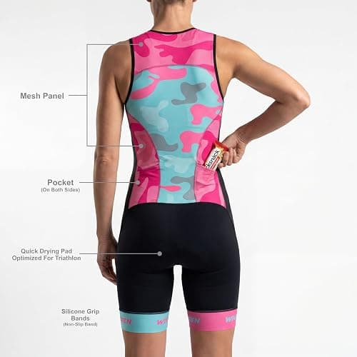 WIXEN Women's Triathlon Suit Sleeveless Tri Suit Padded Cycle Race Swim Bike Run Trisuit Back Pockets thumbnail 2