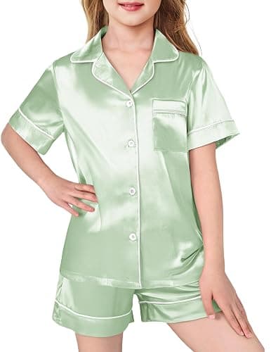 Arshiner Girls Pajamas Silk Satin Pajama Sleepwear Button Down Kids Pj Set | Soft Comfortable Silky Fabric, 2-Piece Pjs, Cute Pajamas for Little & Big Girls, Ideal for Lounging and Sleeping - Image 1
