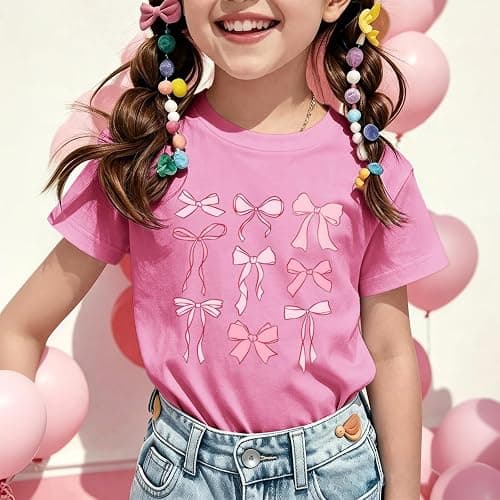 Cayxatiu Cute Graphic Shirts for Girls Pink Bow Shirt for Kids Coquette Preppy Clothes Aesthetic Summer Tees Tops for Tweens thumbnail 2