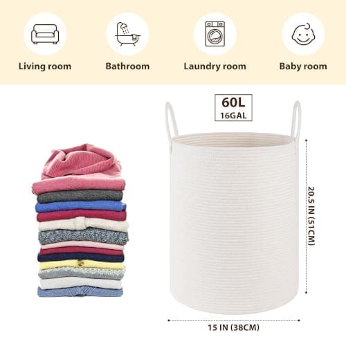 OIAHOMY Large Laundry Basket Hamper - 60L Cotton Rope Woven Basket for Blankets, Toys, Clothes - Tall Decorative Nursery Hamper with Long Handles, White thumbnail 2
