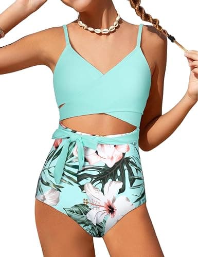 BAVADER Girls Swimsuit Cutout One-Piece Bathing Suit V-Neck Swimsuits for Teens Cute Swimwear with Drawstring Cover Up 9-18y - Image 1