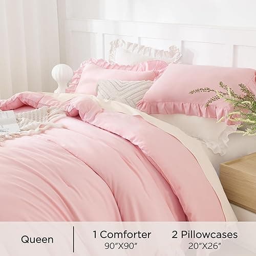 Andency Pink Comforter Set Queen Size, 3 Pieces Solid Pink Ruffle Shabby Chic Comforter Set for Queen Bed, All Season Vintage Rustic Soft Microfiber Bedding Set for Women Girls thumbnail 6