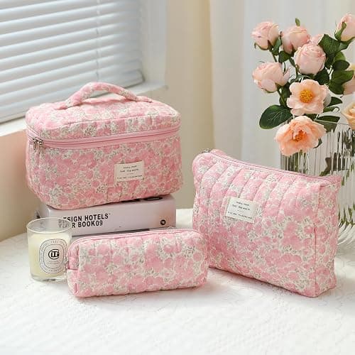 GISMTR 3Pcs Makeup Bag Cotton Quilted Travel Cosmetic Bag Cute Floral Makeup Pouch Large Toiletry Bag for Women Girls (Flowers-Pink3) thumbnail 7