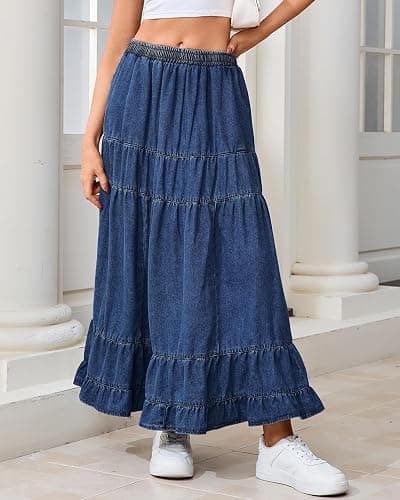YEXPINE Women's Swing Chambray Maxi Skirt Elastic Waist Pleated Tiered Flowy Long Skirts Retro Denim Skirt thumbnail 2