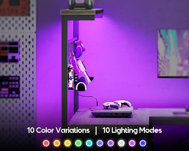 MOTPK L Shaped Gaming Desk with Shelf & 4 Drawers, 43" Reversible Computer Desk with LED Light, Home Office Table with Hutch and Hook, Oak Grey thumbnail 7